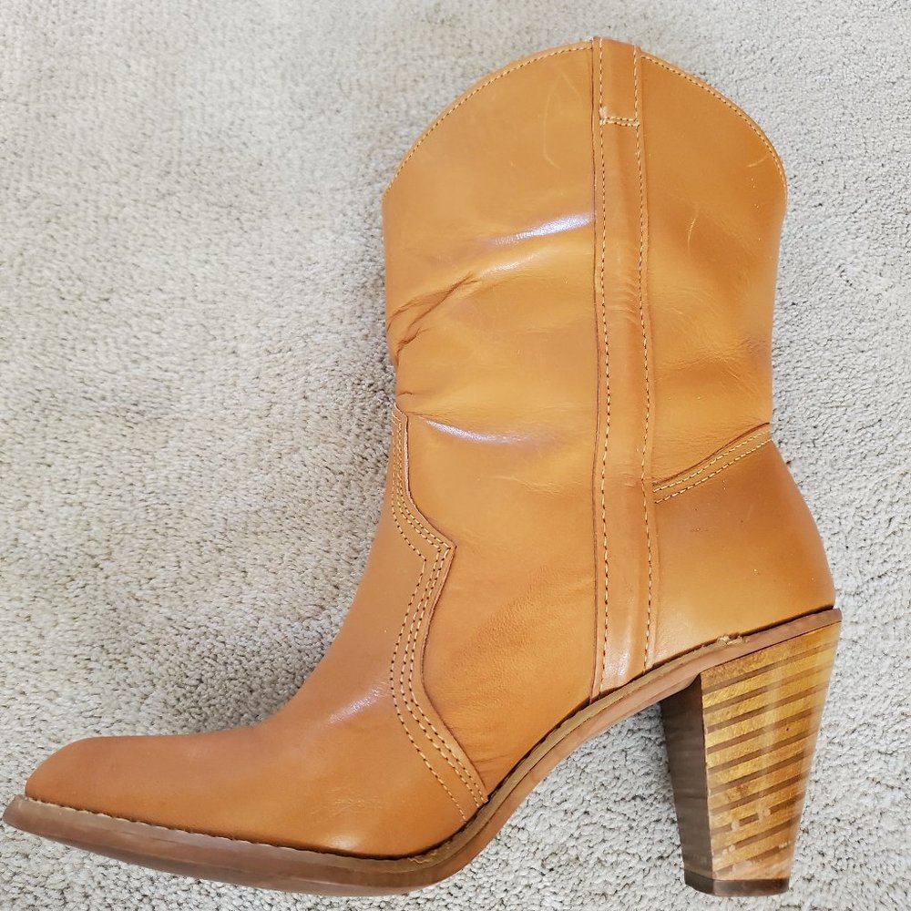 Tan, over the ankle boots with 3" stacked heel, size 7 1/2M